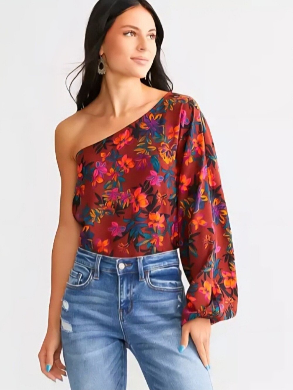 🍃 🍂WILLOW & ROOT BUCKLE Floral One Shoulder Peasant Style Top Size L